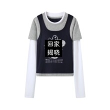 现货2025秋季新款植绒猫咪字母提花图案撞色假三件T恤 RL70801002