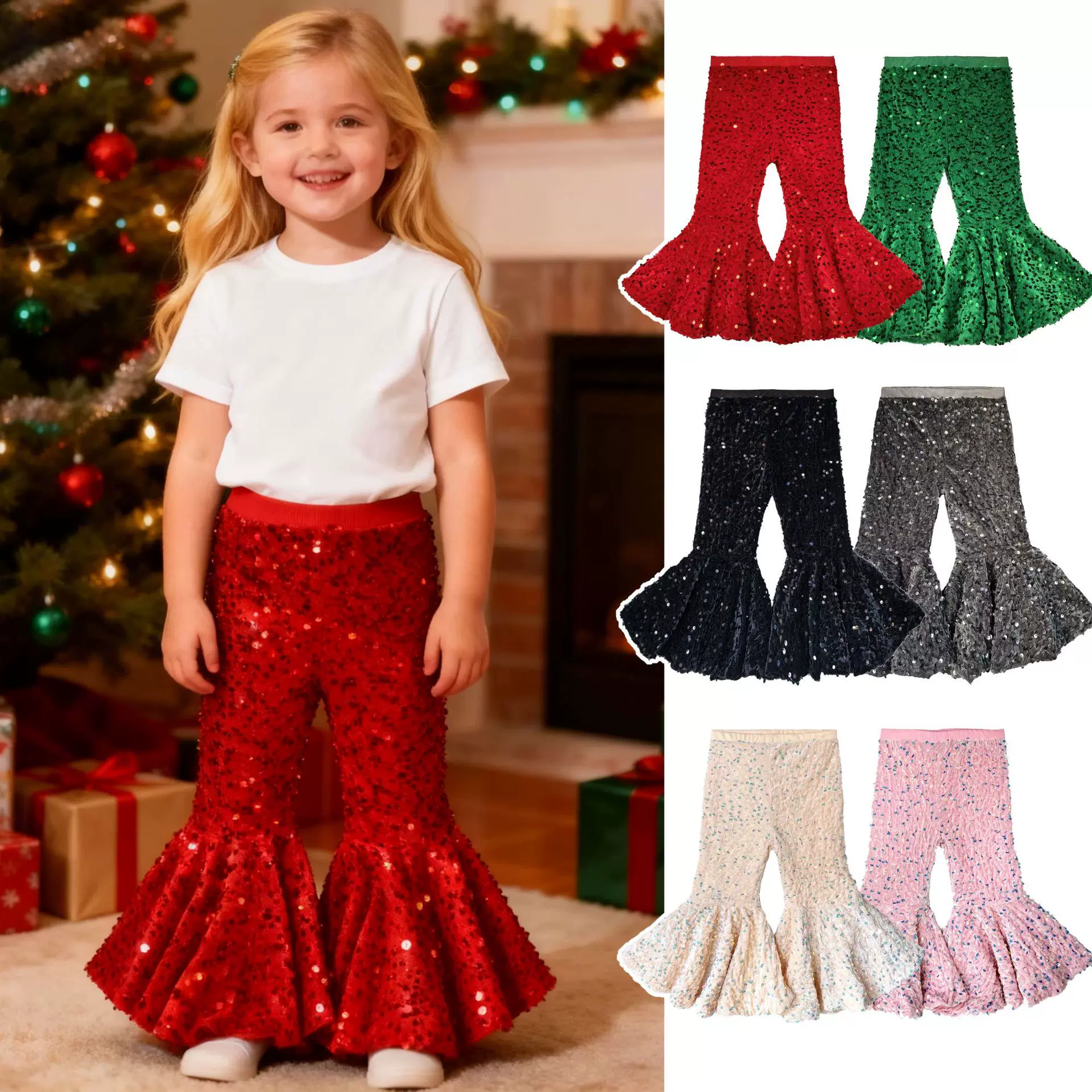 跨境外贸女童长裤  时尚弹力亮片喇叭裤 童装 圣诞节裤子