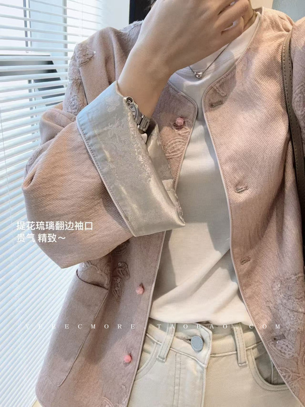 粉黛佳人 新中式温婉提花圆领宽松亮片刺绣外套D6913S|undefined