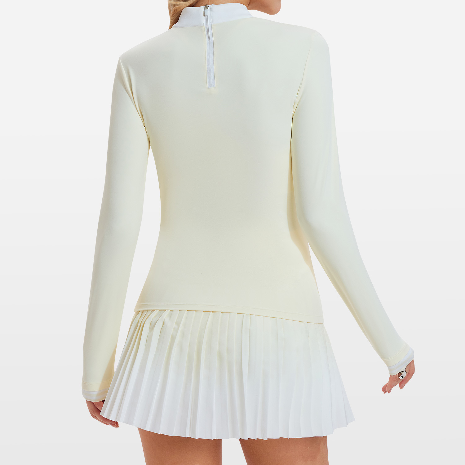 Nuevo conjunto de deportes transfronterizo desnudo de cuello redondo de mujer trajes de fitness transpirables de mangas largas de alto nivel de sensación de tenis para correr