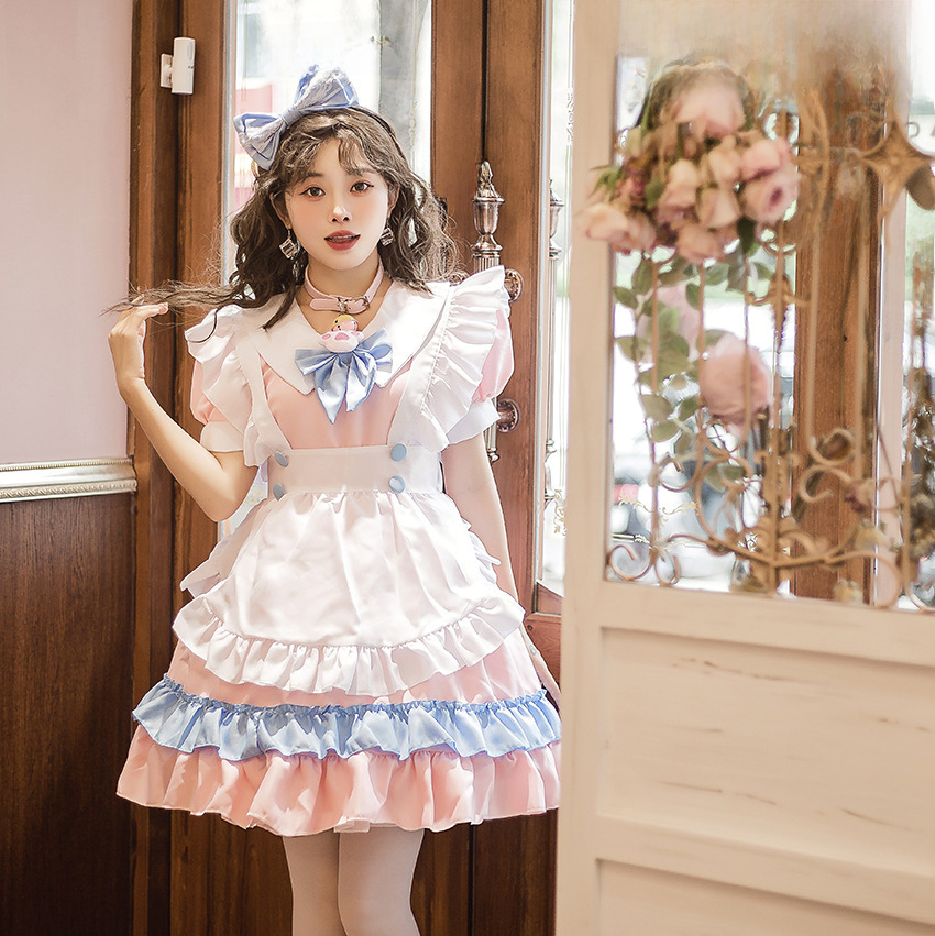 Lolita Dress for Plus-Size Women with Ultra-Cute Big Bow, Lady Maid Style, Pink and Blue Cute Skirt, Drop Ship
