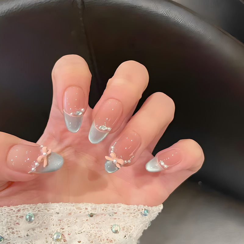 Caita-[Smurfs] Bowknot Cat Eye Super Fairy Blue French Style Simple High-End Detachable Nail Tips
