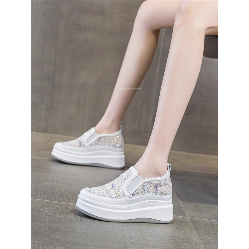 Genuine Leather Mesh Thick-Soled White Shoes for Women 2025 Summer New Versatile Round-Toe Sequin Fashion Casual Sneakers