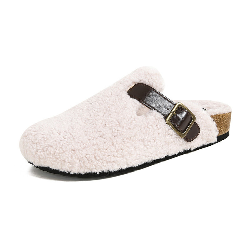 Dép nửa gót bít mũi lông xù kiểu Birkenstock cổ điển cho nữ, mũi tròn — Màu nâu, Màu trắng sữa, Màu đen