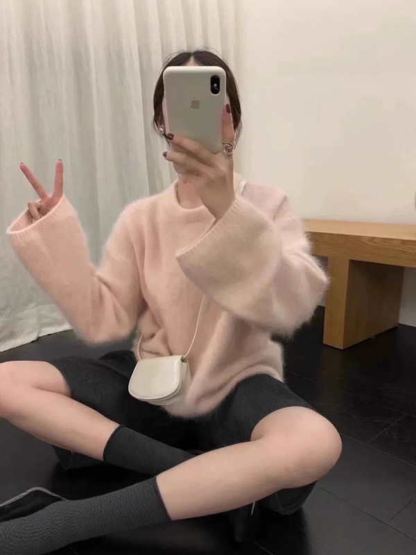 早秋冬仿水貂绒针织衫上衣女2025新款韩版宽松慵懒风长袖套头毛衣|undefined
