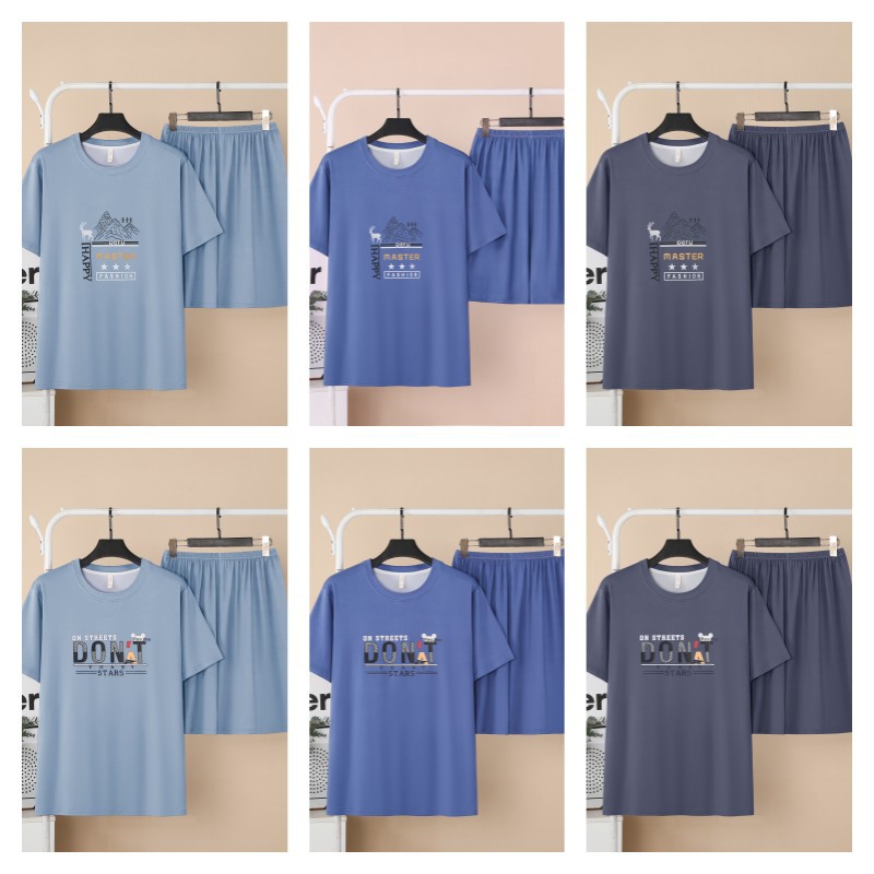 Pijamas de verano de los hombres de algodón artificial de cuello redondo jersey de manga corta pantalones cortos traje casual desgaste del hogar se puede usar fuera supermercado