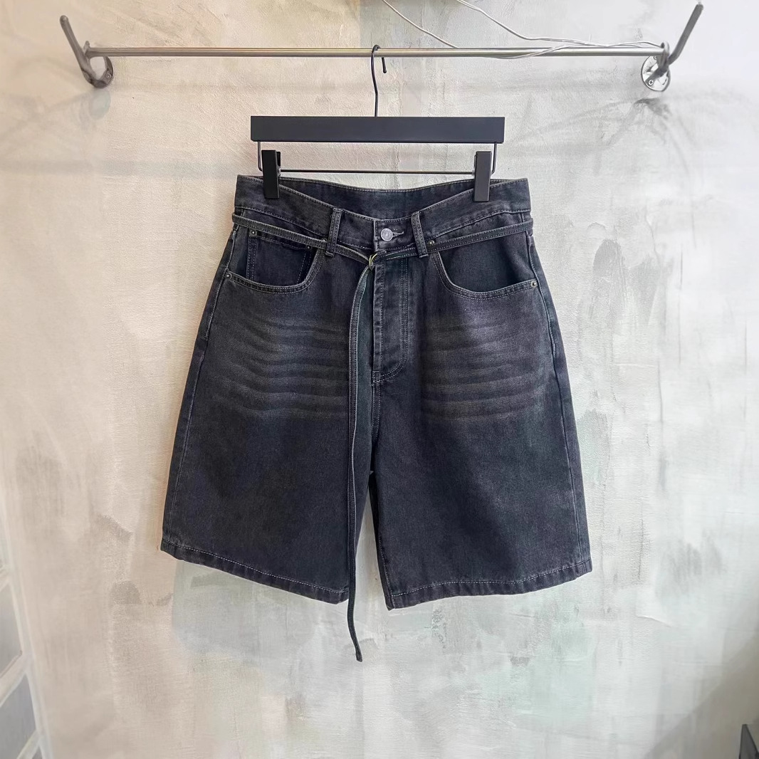 AC Home 1996 Belt Denim Shorts Heavy Industry High Street Splash Ink Solid Color Simple Casual Pants for Men and Women