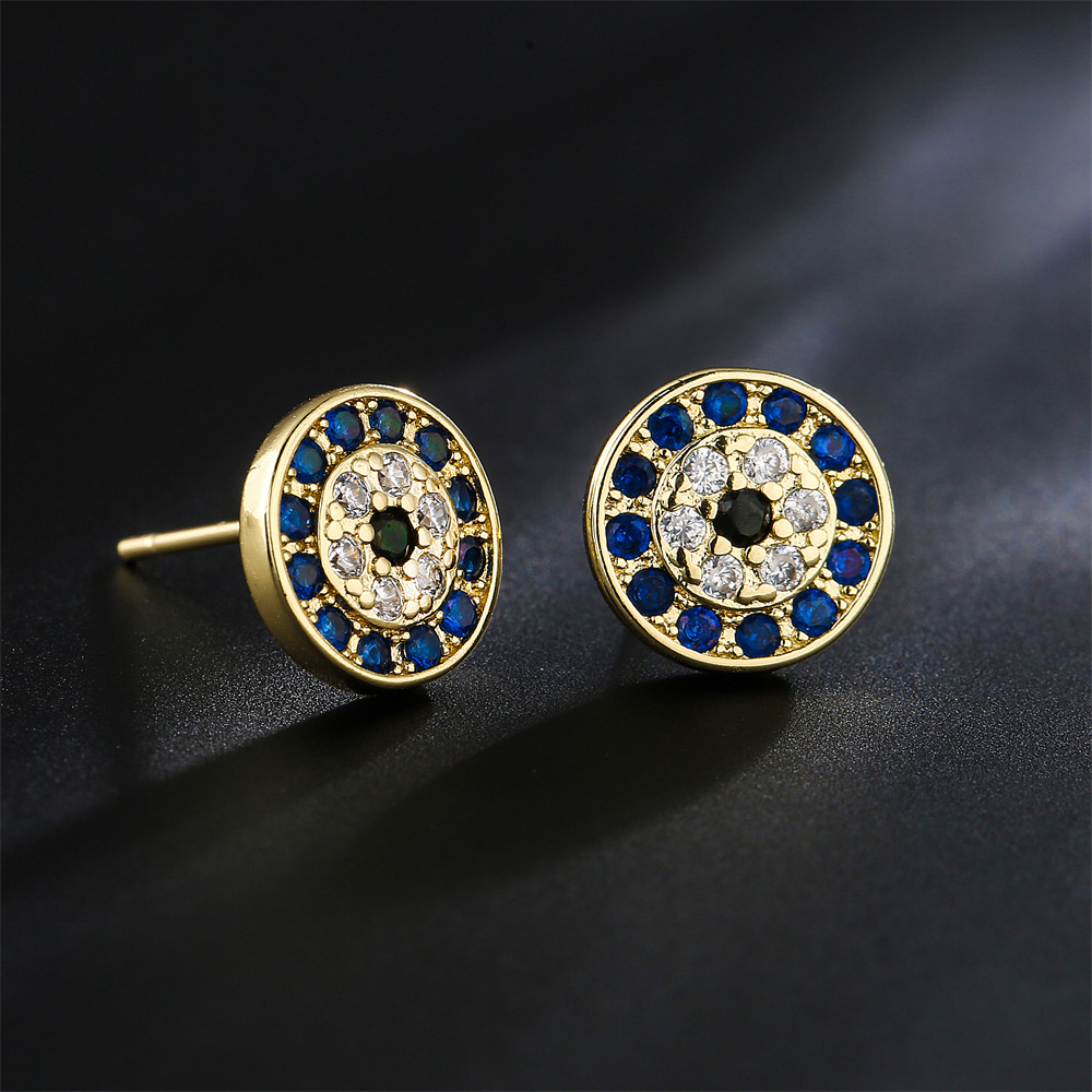 Boucles D&#39;oreilles Rétro Simples Rondes En Zircon Bleu Noir Et Blanc Boucles D&#39;oreilles En Or 18 Carats Plaqué Cuivre display picture 2