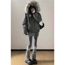 大毛领羽绒棉服女2025新款美式复古工装派克服冬季宽松加厚外套女