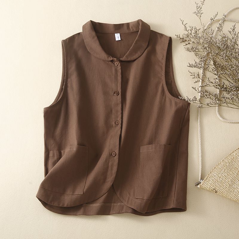 Real Shot 2024 Spring and Summer New Vest Artistic Retro Cotton and Linen Doll Collar Jacket Casual All-match Women's Vest