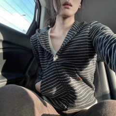 美式条纹开衫拉链长袖女春秋设计感修身收腰显瘦百搭休闲外套百搭