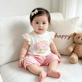 小月龄宝宝多巴胺小套装2026新款女童夏装薄款飞袖T恤防蚊裤2件套
