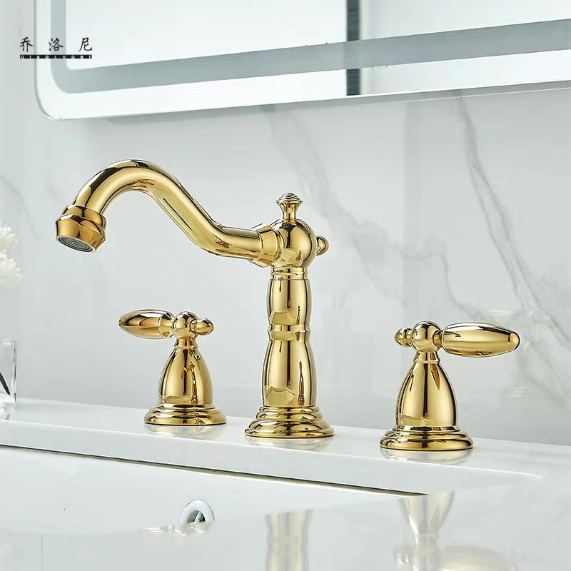 French-Style Vintage Three-Hole Faucet for Bathroom Vanity, All-Copper Hot and Cold Faucet with Dual Handles, Split Gold Chrome Faucet