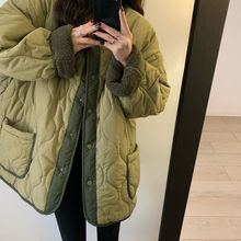 加绒加厚羊羔毛中长款棉衣秋冬新款韩版圆领拼色面包服外套女