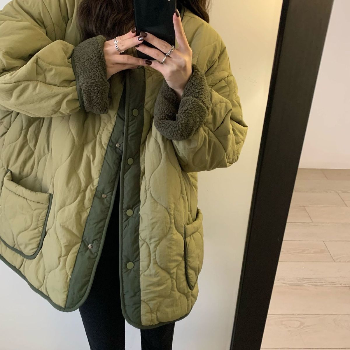 加绒加厚羊羔毛中长款棉衣秋冬新款韩版圆领拼色面包服外套女