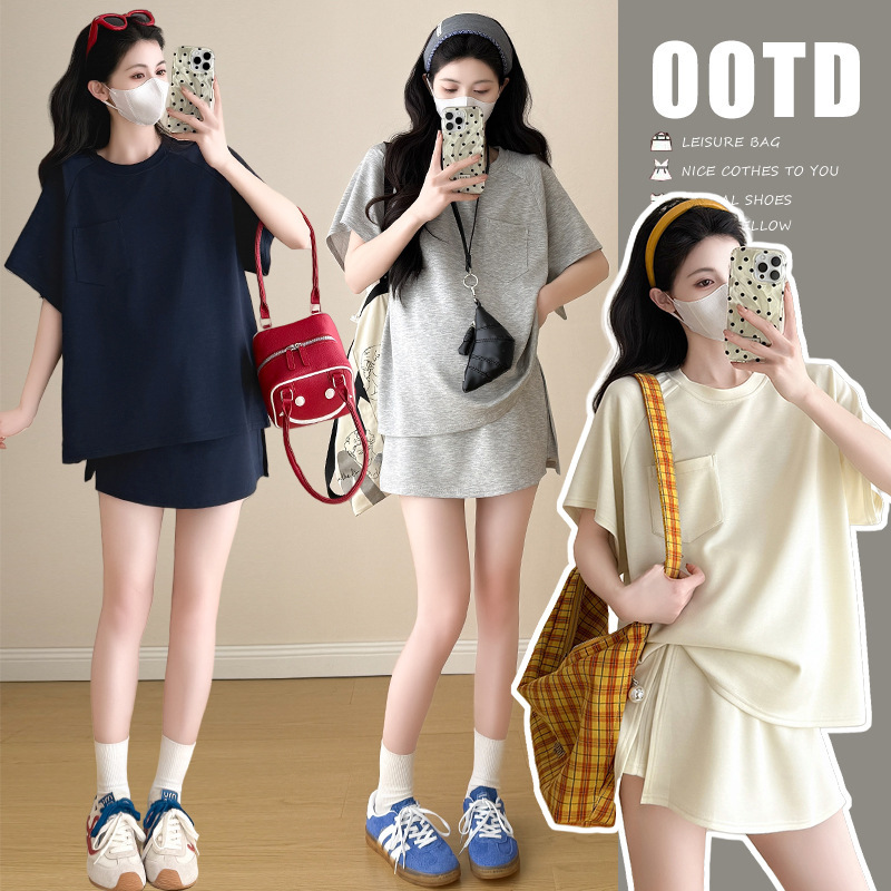 Maternity Wear Summer New Style Sports Casual Style Round Neck Knitted Short-Sleeved Top Slit Skirt Trendy Mom Slimming Suit Maternity Wear Summer New Style Sports Casual Style Round Neck Knitted Short-Sleeved Top Slit Skirt Trendy Mom Slimming Suit