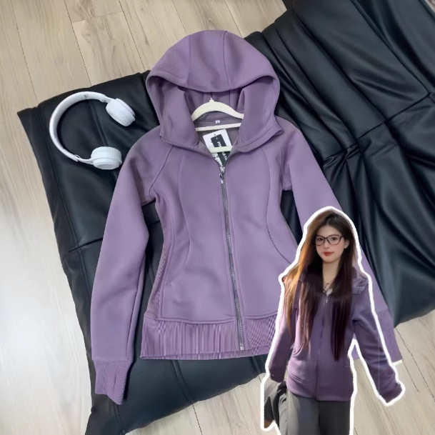 Early Autumn Yoga Sports Top Purple Slim Sweatshirt Jacket Women's Autumn Right Shoulder Waist Tight Hooded