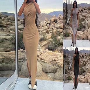 2025 Cross-Border European and American Aliexpress Spring and Summer New Women's Solid Color Casual Off-Shoulder Slit Slim Long Dress