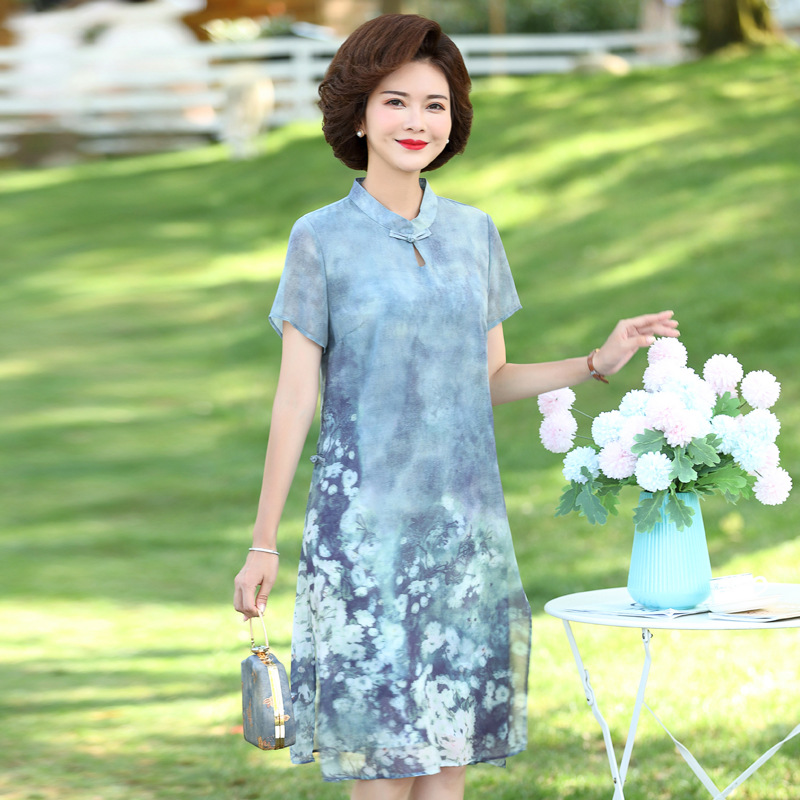 中年妈妈夏装雪纺连衣裙2021新款洋气40岁50中老年女改良旗袍裙子|ms