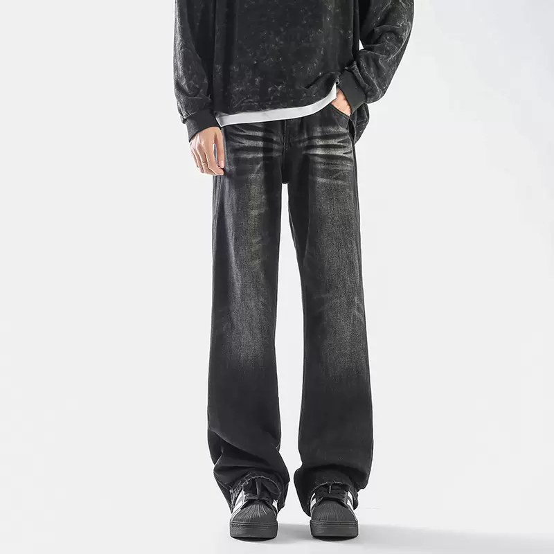 春秋季男装美式复古牛仔裤男生潮牌做旧裤子高街直筒阔腿微喇裤子