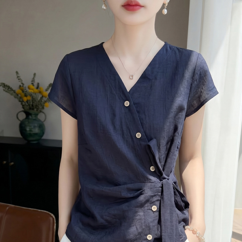2026 Spring and Summer New Style Cross V-Neck Cardigan Short-Sleeved Shirt with Waist Tie and Solid Color Design Shirt Top