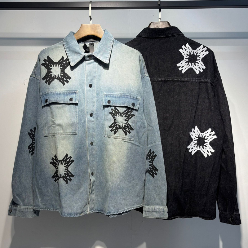 Spring and Autumn New Amiri Denim Shirt Jacket Men's Trendy Retro Loose American Washed High Street Casual Jacket