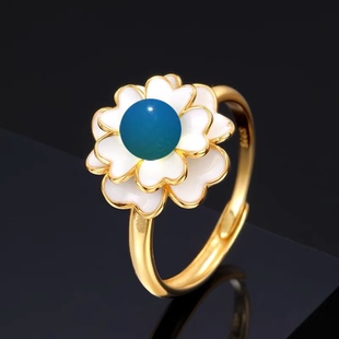 Camellia Series 8mm Mexican Amber Blue Perot S925 Silver Ring Gel Dropping Process Vacuum Anti-Fading Electroplating