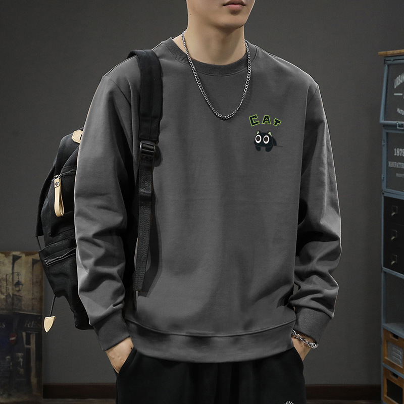 Heavy American Style Retro Pure Black Round Neck Sweatshirt Men's Spring and Autumn New High-end Fashionable Brand Loose Casual Jacket