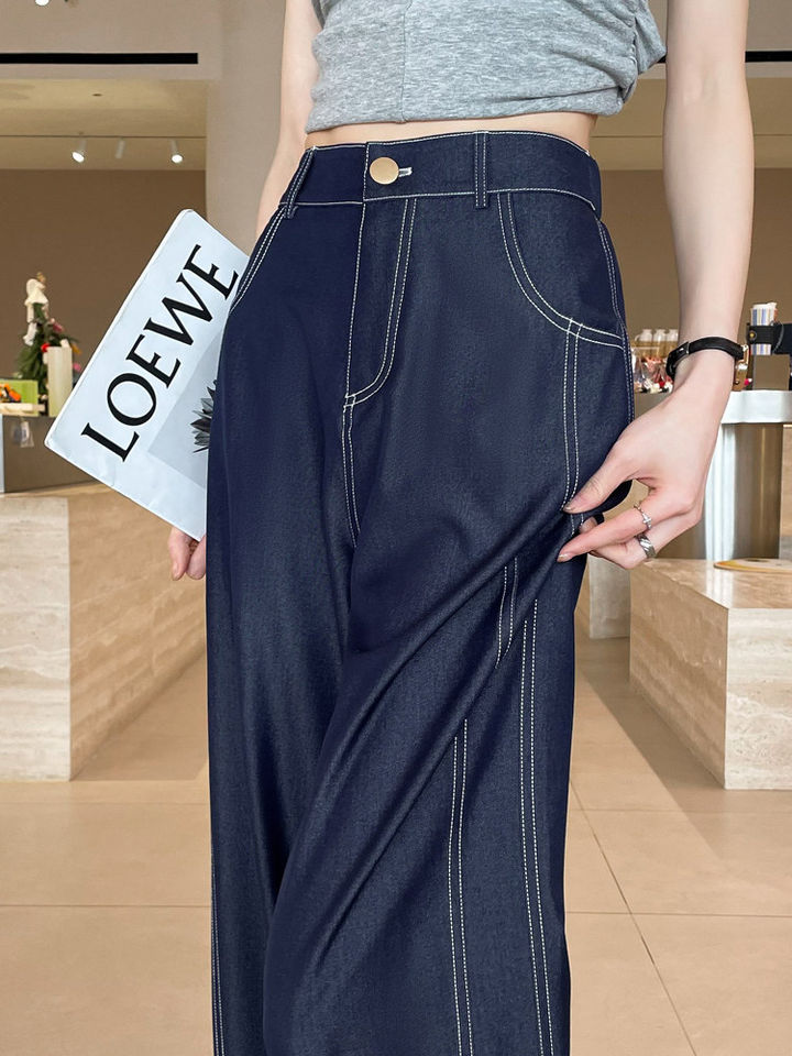 Quần ống rộng giả denim Lyocell Tencel cạp cao dáng mỏng, form suông rủ nhẹ — Denim đen thông thường, Người nhỏ nhắn màu trắng, Quần jean đen cho người nhỏ nhắn, Quần jean đen dáng dài