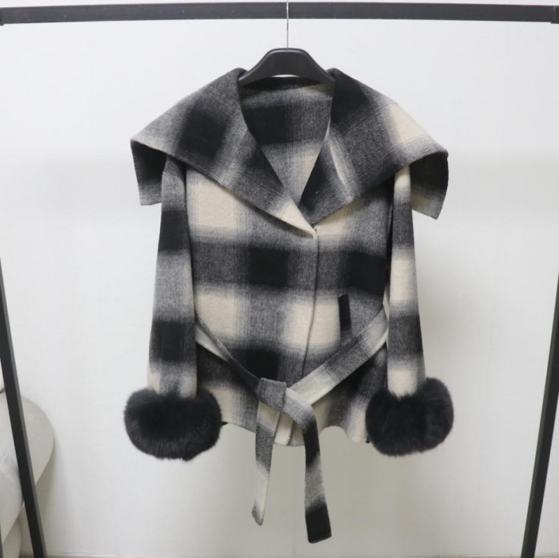 European New Style Plaid Navy Collar Double-Sided Wool Coat for Women with Fox Fur Small Woolen Coat for Women