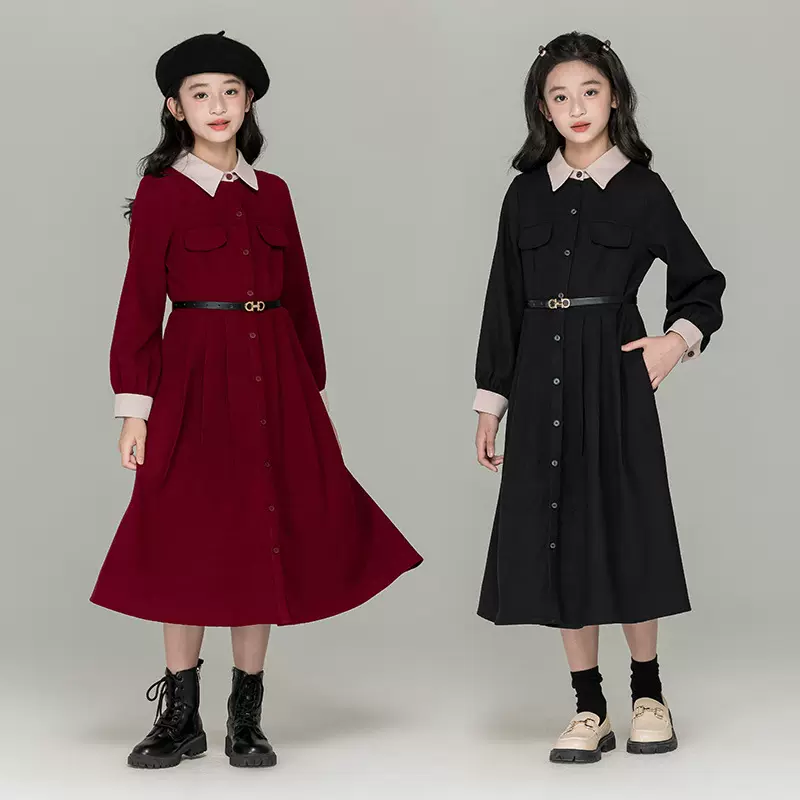 女童森女撞色秋冬连衣裙2025秋季新款赫本风收腰显瘦裙子亲子装裙