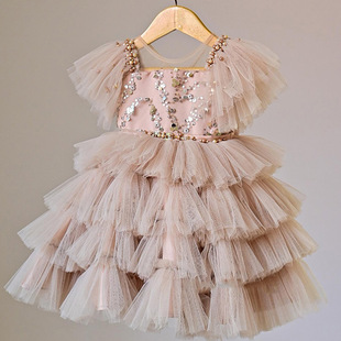 Kids Dress 2025 New Girls Beige Sequin Layered Suspender Dress Puffy Mesh Skirt Bow