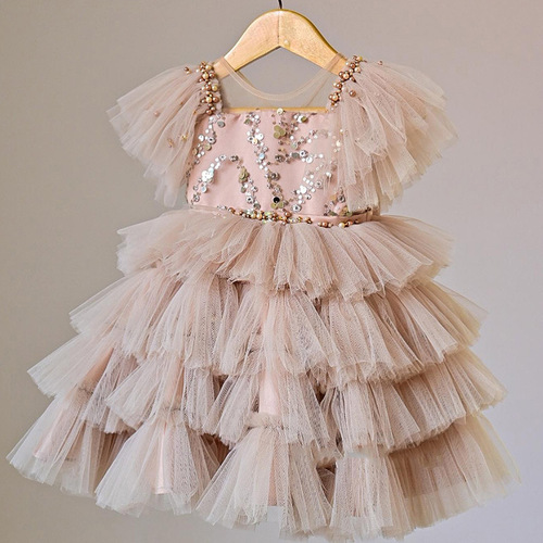 Kids' Dress 2024: New Arrival Girls' Beige Sequin Tiered Suspender Gown with Puffy Tulle Skirt and Bow