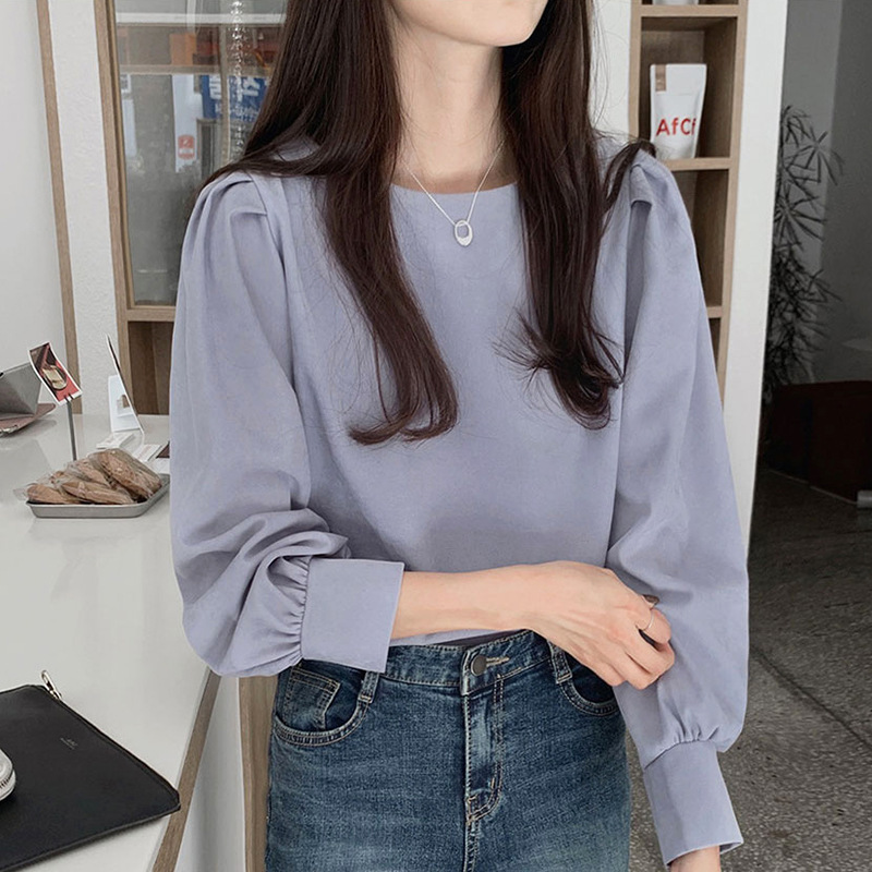 한국 스타일 새로운 스타일 간단한 모든 매치 라운드 넥 긴 소매 여성 최고 스타일리스트 디자인 감각 틈새 스타일리스트 연령 감소