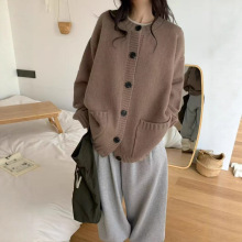 韩国单慵懒风纯色针织开衫外套女秋季外穿奶fufu软糯宽松毛衣上衣