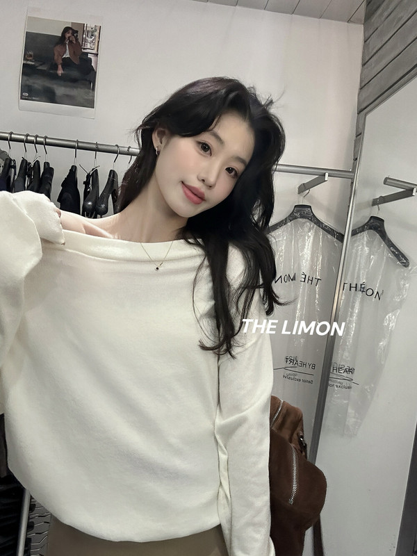 THE LIMON柠檬绿茶秋季女韩系设计感条纹百搭显瘦斜肩长袖针织衫|undefined
