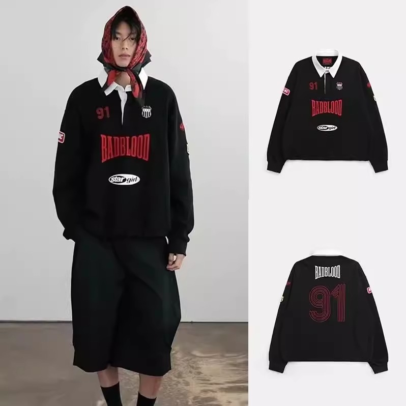 South Korea badblood BCAC Series American Sports Sweat Women's Retro Jersey Polo Collar Loose Top Trendy