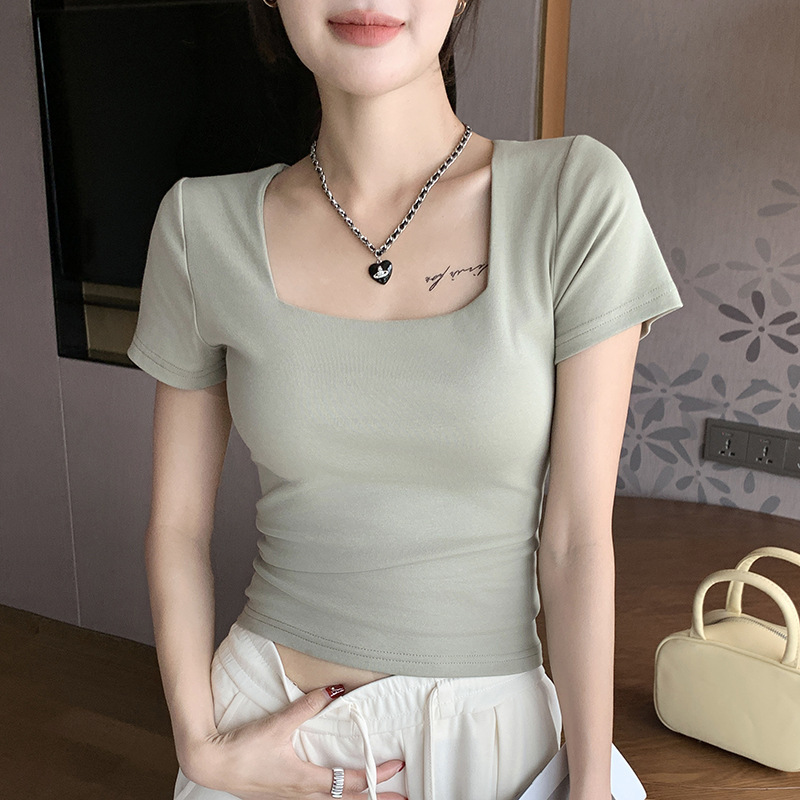 H292方襟プラス肩半袖tシャツ女春夏新作純欲ギャル修身白インナー肩トップス|undefined