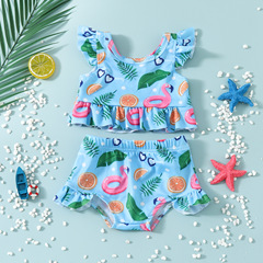 0-2歲女嬰短款分體泳衣飛袖印花水果上衣荷葉邊短款套裝游泳夏季