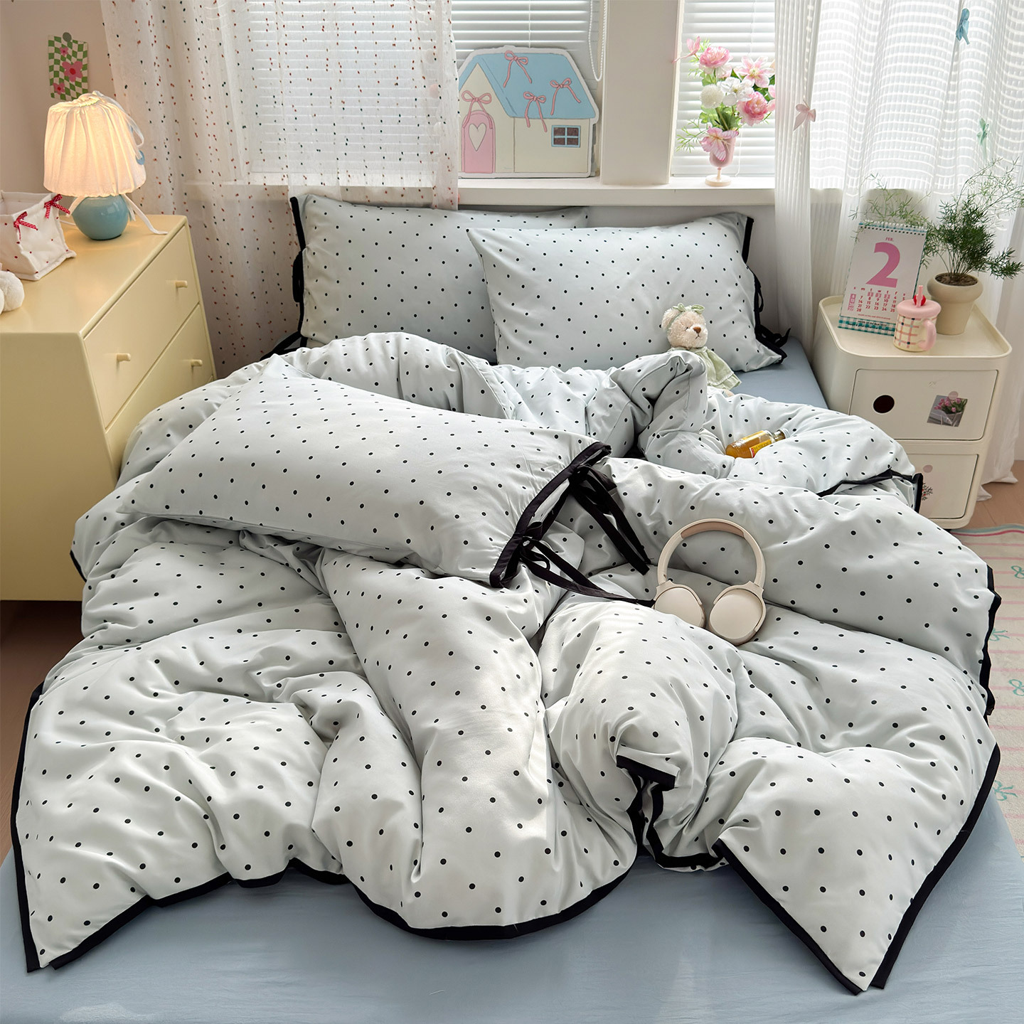 Washed Cotton Contrasting Color Strap Four-Piece Set Simple Polka Dot Bow Pillowcase Home Dormitory Three-Piece Bed Bed Sheets Quilt Cover