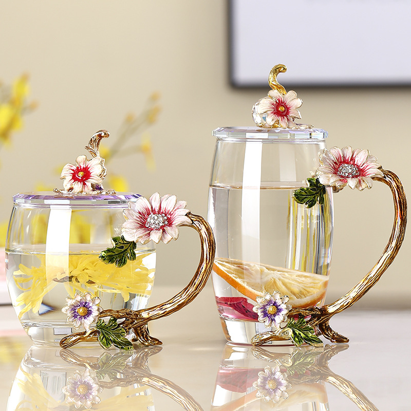 París marzo esmalte taza de agua de cristal resistente a altas temperaturas taza de té de flores para regalar a la novia maestros regalo de té
