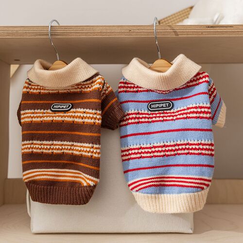 Pet Sweater New Dog Clothes Classic Contrast Color Stripe Polo Neck Sweater Teddy Bichon Pet Clothes