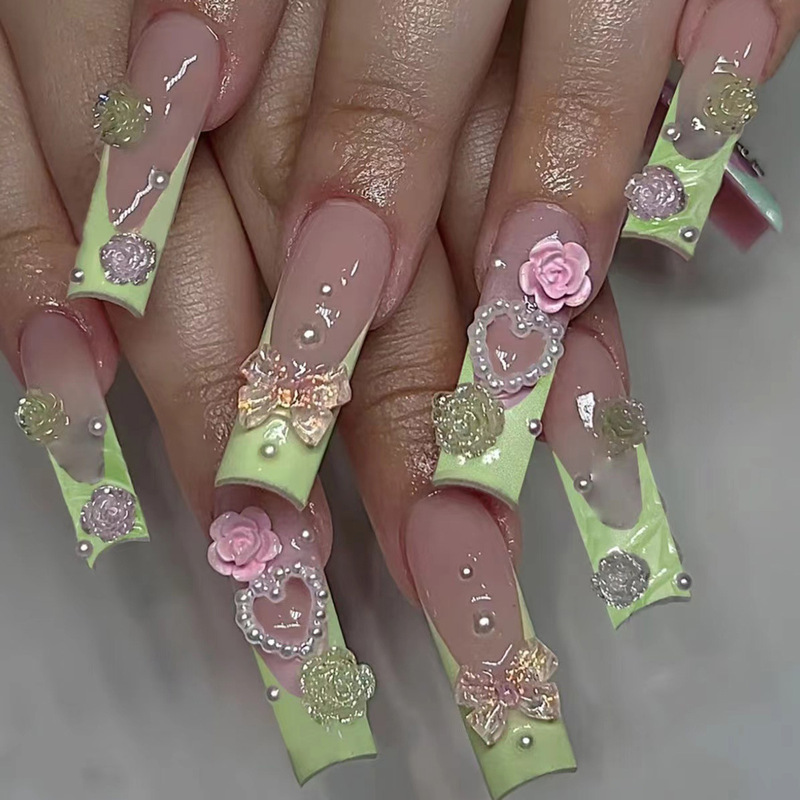 Cross-border sweet French green camellia wearing armour love bow nail patch long European and American fake nails