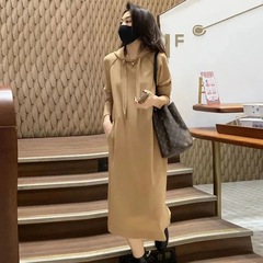 スポット AliExpress アマゾン秋と冬のフード付き膝上スリムドレス女性韓国スタイル無地大きいサイズスリムスウェットシャツ