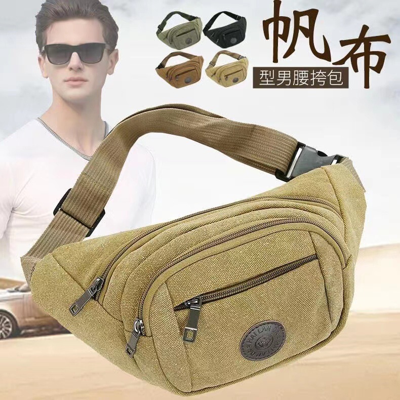 Cross-Border New Canvas Mobile Phone Waist Bag Men's Large-Capacity Multi-Functional Bag Diagonal Dual-Use Chest Bag Business Wallet