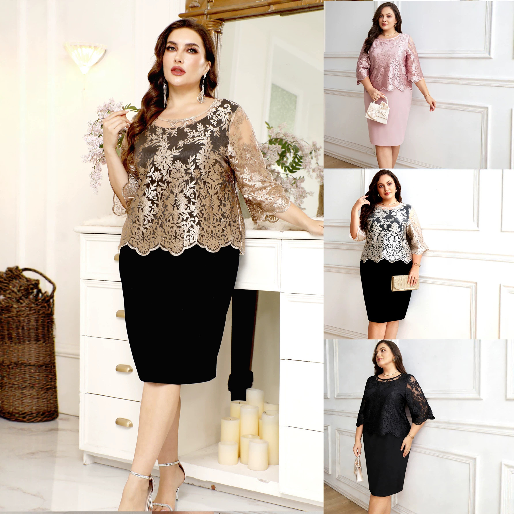 Cross-Border Amazon New Plus-Size Women's Clothing Water-Soluble Embroidered Dress European and American Aliexpress Foreign Trade Lace Chiffon Dress