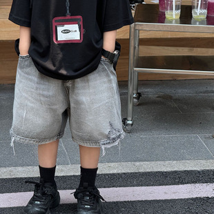 Tai Ru 2025 Summer New Korean Style Boys' Versatile Solid Color Ripped Jeans Children's Shorts Trendy