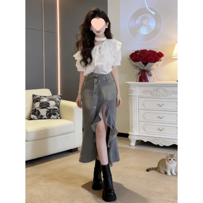 Summer Outfit for Women with a Stylish Design: Ruffled Off-Shoulder Short-Sleeve Shirt Paired with a Denim Skirt Two-Piece Set