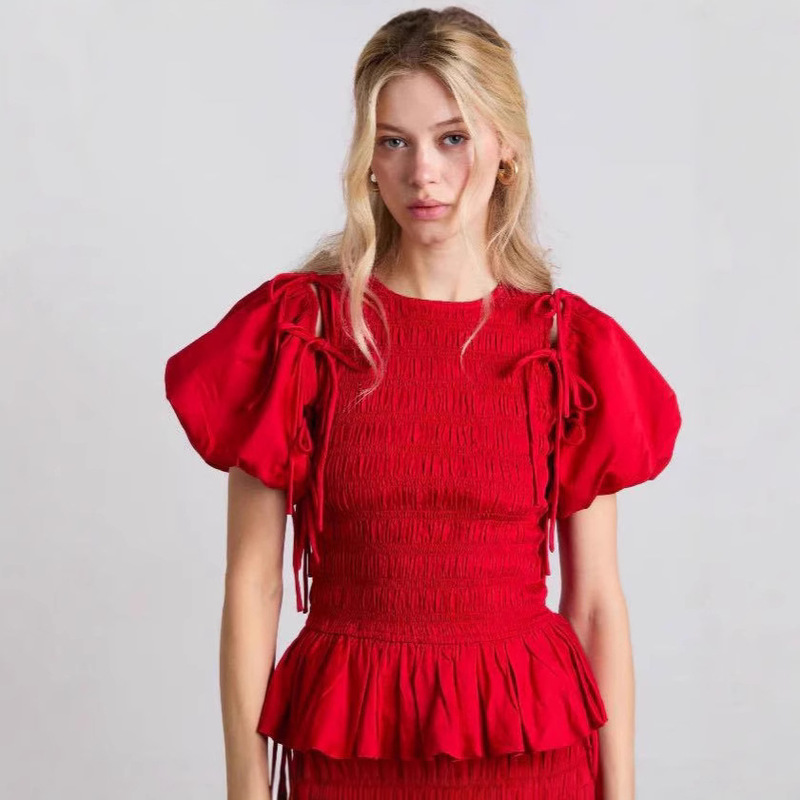 New Short-sleeved Round Neck Top Red Detachable Lace-up Bubble Sleeve Slim-fit Small Shirt Cross-border Hot Women's Clothing in Europe and America