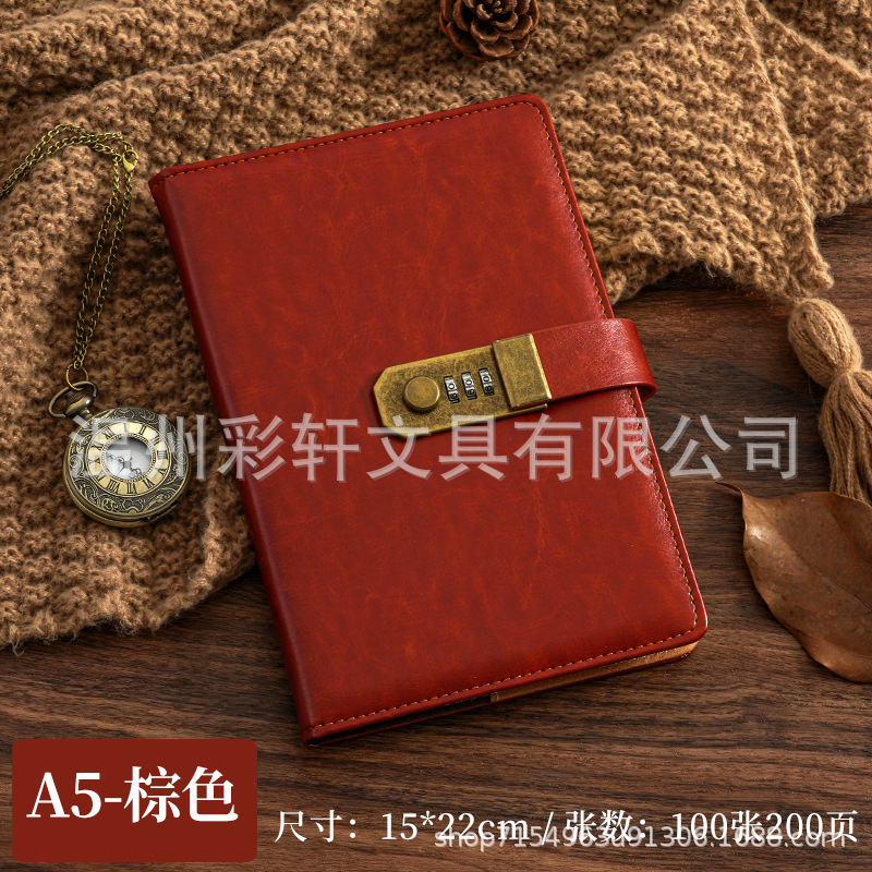 跨境A5复古密码日记本带锁加厚创意手账本学生日记本文具笔记本子|undefined